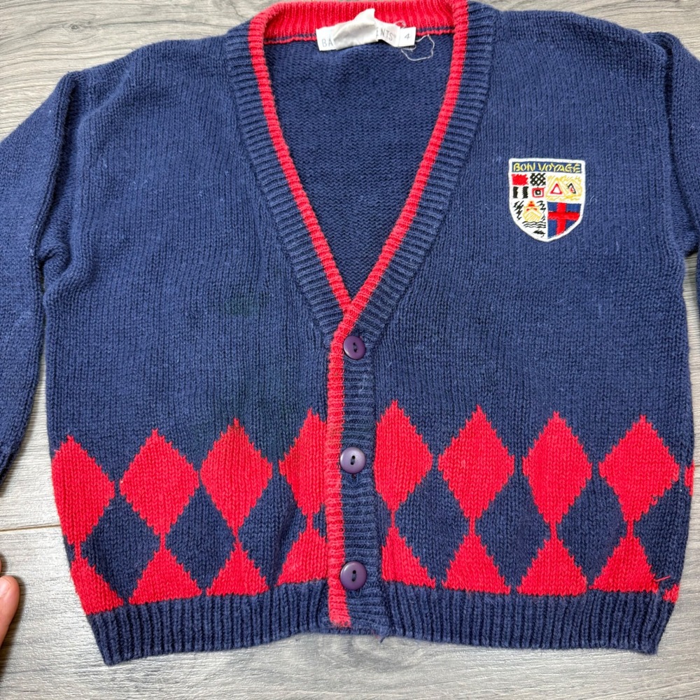 Vintage Kids Navy Argyle Knit Cardigan Red Trim Bon Voyage Crest Patch Size 4 - Picture 4 of 14